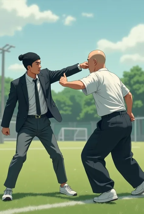 (Very realistic), Indonesian man, 20 years old,Black beanie, gray college jacket,White formal shirt for the undergarment,Black buckle Formal trousers in beige brown,White sports shoes,Punching another Japanese man in the face wearing an oversized white t-s...