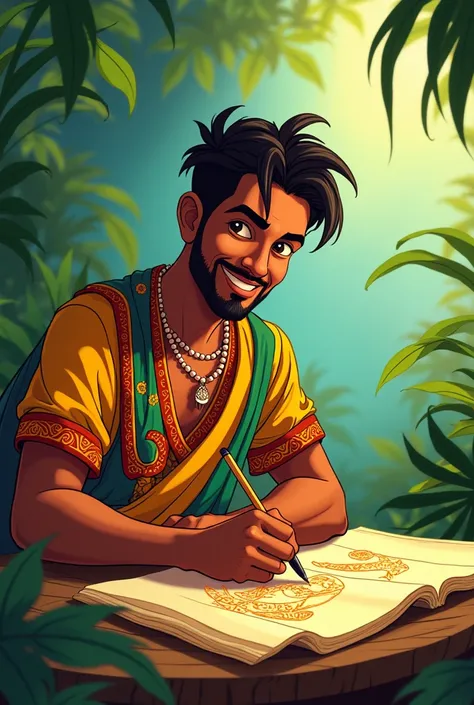 Brazilian man writing on papyrus Disney cartoon style