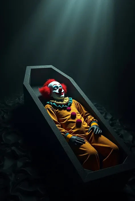 Give me an image of a clown in a coffin and his environment is all black