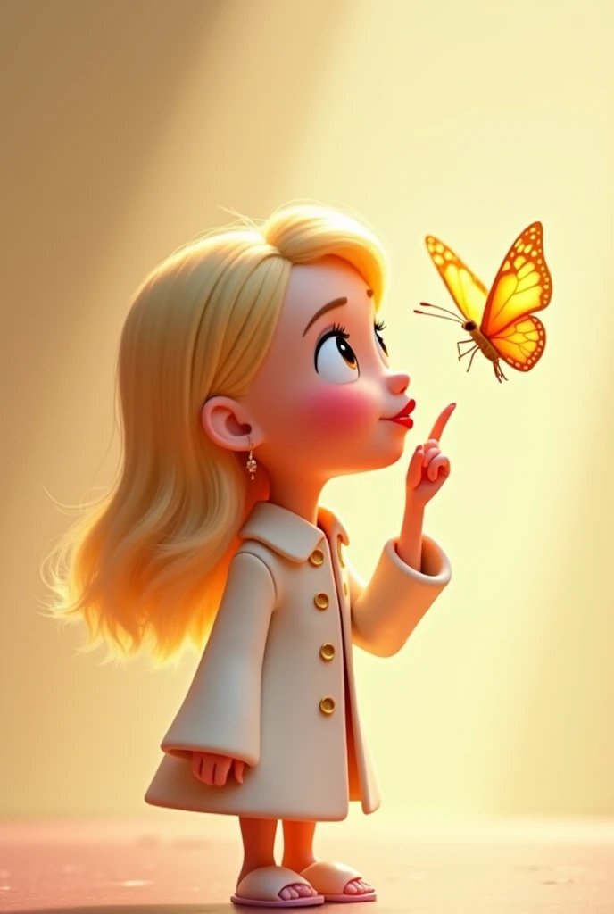  Create a Pixar 3D cartoon image of a  ,blonde, with a sign next to her mouth , red lipstick,with light highlights , in a white coat kissing a golden butterfly.