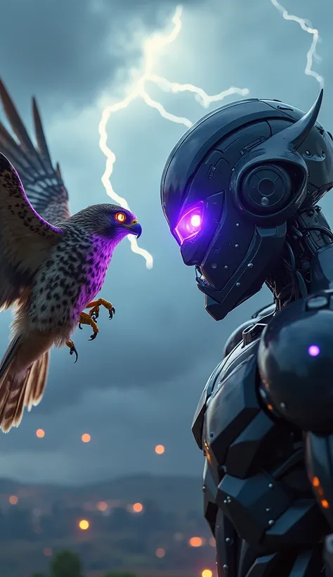 Ultra realistic "A striking falcon with bright violet eyes floats next to a futuristic, state-of-the-art robot with full-body weapons, face to face, they are about to fight. The background is dramatic, with stormy clouds and lightning that frame their dyna...