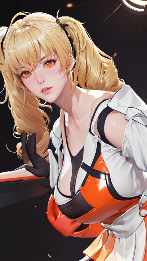 (（（figure，御姐figure,White and tender skin,（（（FenNib , long_sleeves_skirt, red_single_thighhigh, thigh_holster, elbow_gloves, strap, ）））,(（（twintails, Blonde_hair, orange_eyes,））),，((masterpiece)), highres icon,((Best quality at best)),masterpiece,quality,Be...