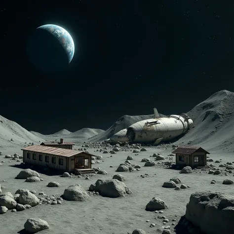 A hauntingly beautiful abandoned moon outpost, with weathered and dilapidated structures scattered across the dusty surface. A crashed spaceship lies in the background, partially buried in the regolith. Broken solar panels and darkened interiors suggest th...