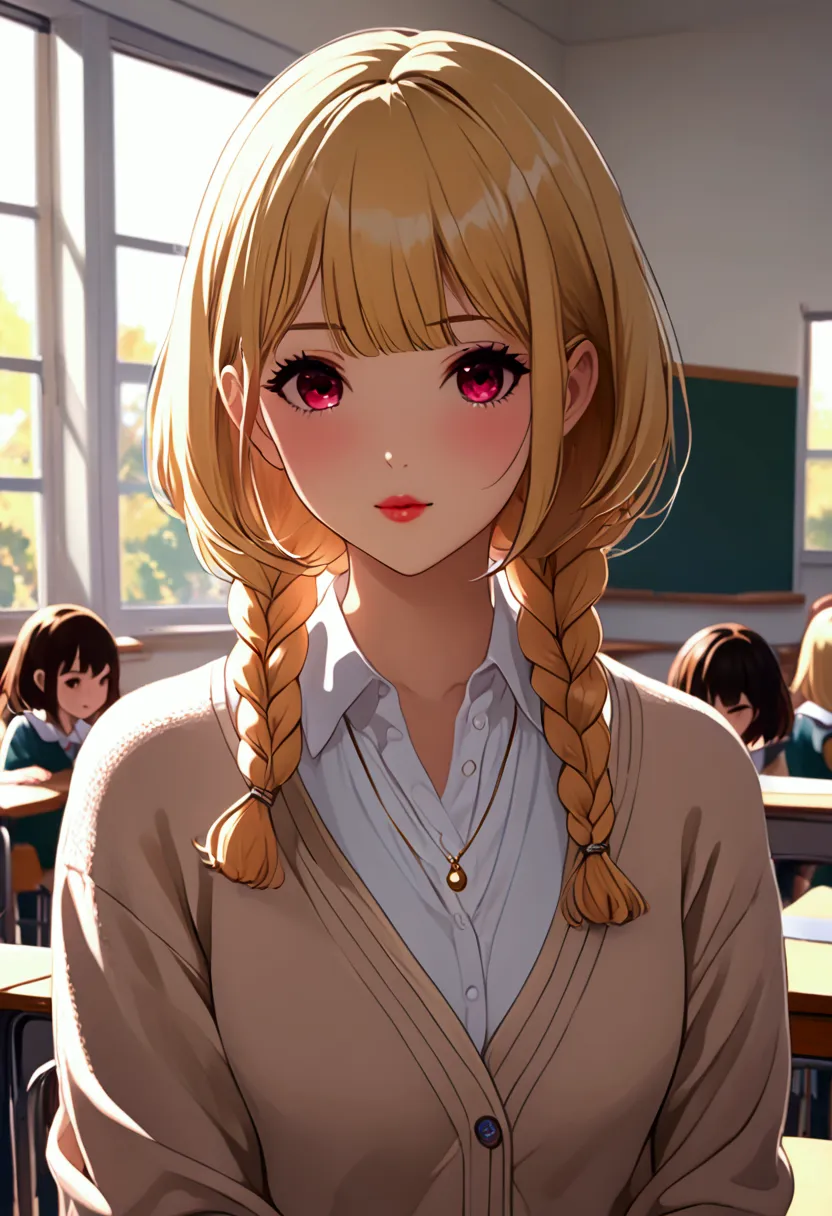 (((日本animation片))), ((animation)), (1 girl),  medium length hair, (braiding:1.3), (short bangs:1.2),two-tone hair, blonde - pink...