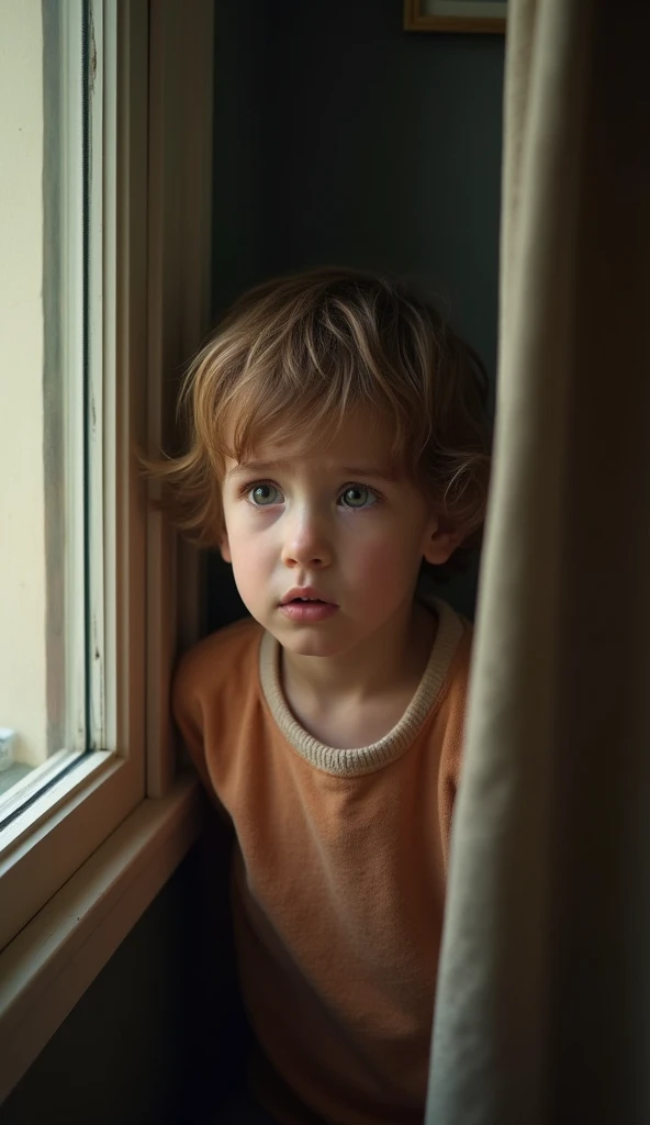 ULTRA-REALISTIC IMAGE of a  looking at the surrounding window with a confused and slightly frightened expression. the atmosphere is cozy, with soft natural light coming through the window.  convey depth .