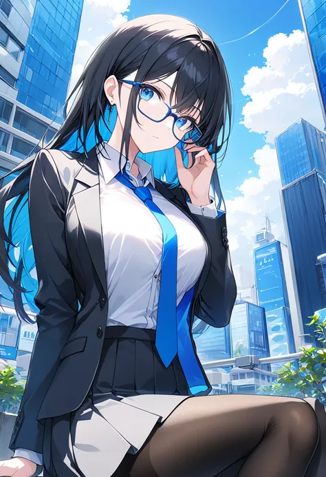 1 girl, mommy, adult, has long black hair with blue in it, wearing square glasses, blue eyes, pale skin, wearing a white shirt with a blue tie, white short skirt, black pantyhose, wearing a unbuttoned black suit with blue inside, outside, simple art, sky, ...