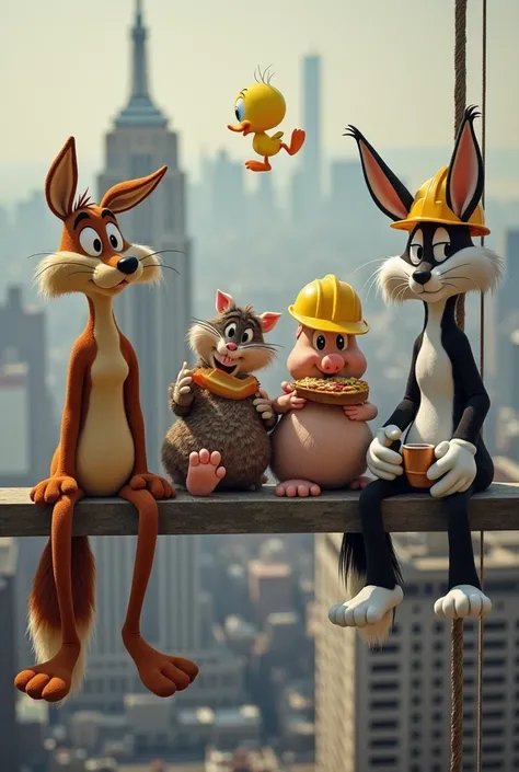  The image is a creative montage that combines characters from the Looney Tunes with the iconic photograph " Lunch atop a Skyscraper ".  Each animated character and human worker sits on a suspended beam ,  with a background that represents the city in shad...