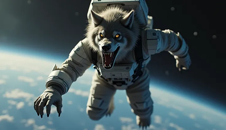 realistic werewolf in spacesuit, flying in space connected to space shuttle, cinematic lighting, dramatic composition, muted color palette, vibrant colors, detailed textures, hyper-realistic, 8k, masterpiece, award winning, realistic, photorealistic, photo...