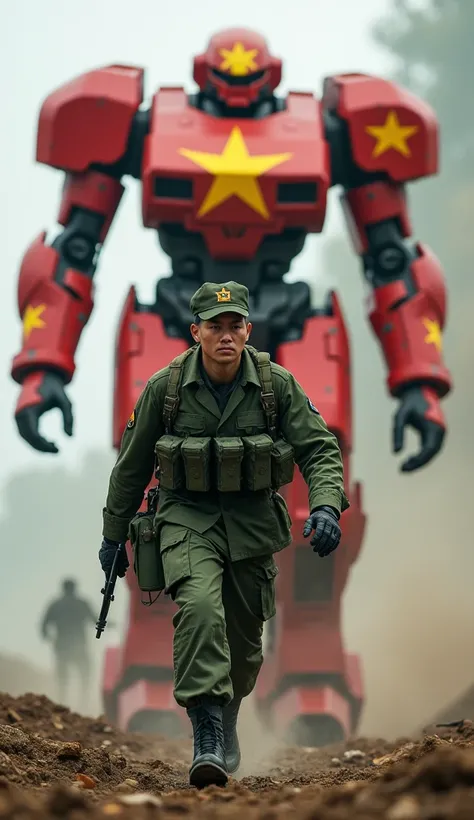 A Vietnamese soldier in a green military uniform walking forward. Behind him is a giant combat robot painted in red and yellow, featuring a large golden star from Vietnam’s flag.