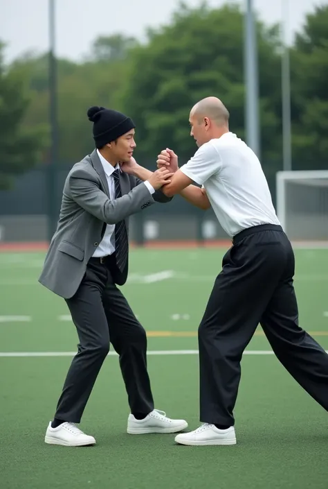 (Very realistic), Indonesian man, 20 years old,Black beanie, gray college jacket,White formal shirt for the undergarment,Black buckle Formal trousers in beige brown,White sports shoes,Punching another Japanese man in the face wearing an oversized white t-s...