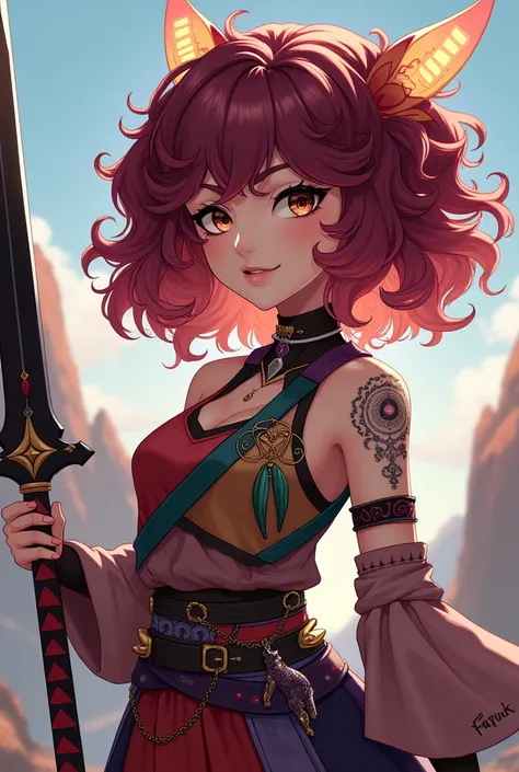  Genshin Impact style panel   ,  curly hair color Marsala   ,  pentiated characteristic of the game  ,  of the element electro  ,  sword-bearing  , Big hair , colorful and beautiful clothes .
 She has dark brown eyes  ,  her sword is black with red details...