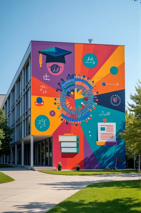 Look at the world
University mural ，Enlarge the image to the side
The content is stationery，book，symbol，数学symbol，音乐symbol， No people or plants
Simple structure，Dont mess too much，Bright colors