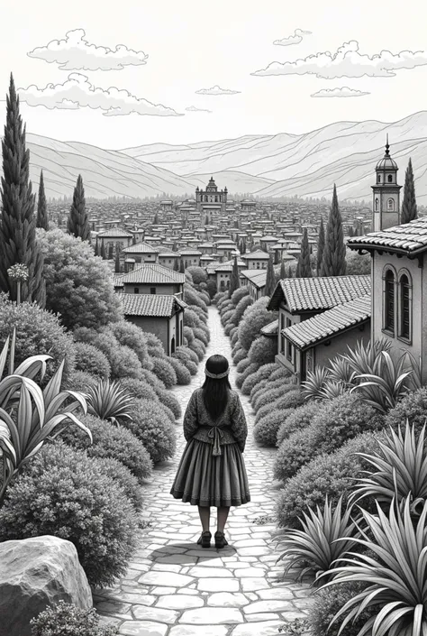 I want a city in lines as if painted with a pen a city in black and white lines and that in the center has plants from the Peruvian highlands and that only the flowers have color and there there is a girl who is about  and that she has her Cusco costume an...