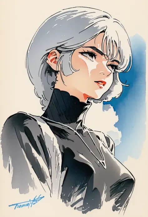 1 beautiful woman、black turtle neck shirt、upper body, dynamic angle, Art、ad、color pencil drawing、draft drawing、illustration,  (masterpiece, 8K, best quality:1.4)