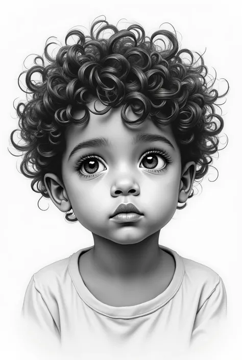 A black and white drawing of a curly-haired boy