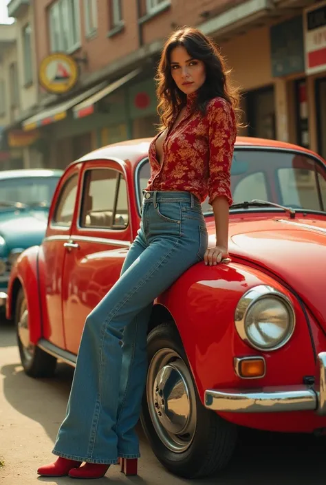 "Create a high-quality image featuring a curvy woman with dark brown hair styled in loose waves, reminiscent of the 1970s. She is leaning casually against a vintage red car from the 1970s era, capturing the essence of that time period. The car is a classic...