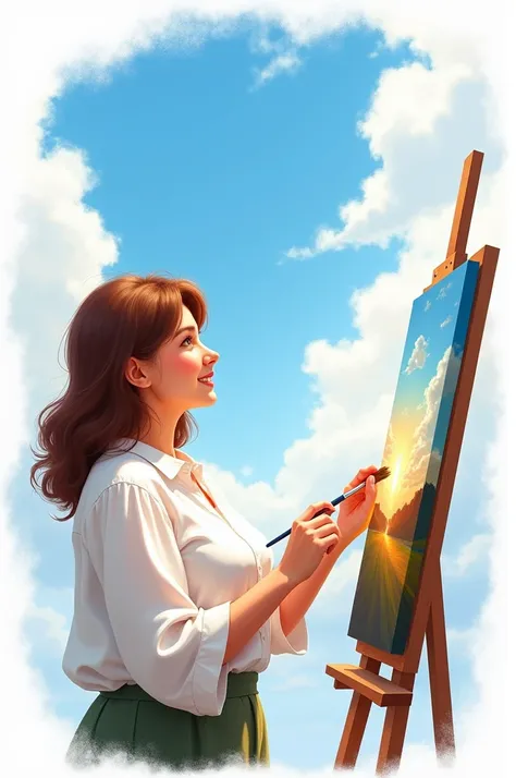  I want a woman artist painting a picture of the sky ,  she must be on a white background and with a white blouse ,  she has to be just a little chubby and with brown hair and a little short, And she has to be very smiling  