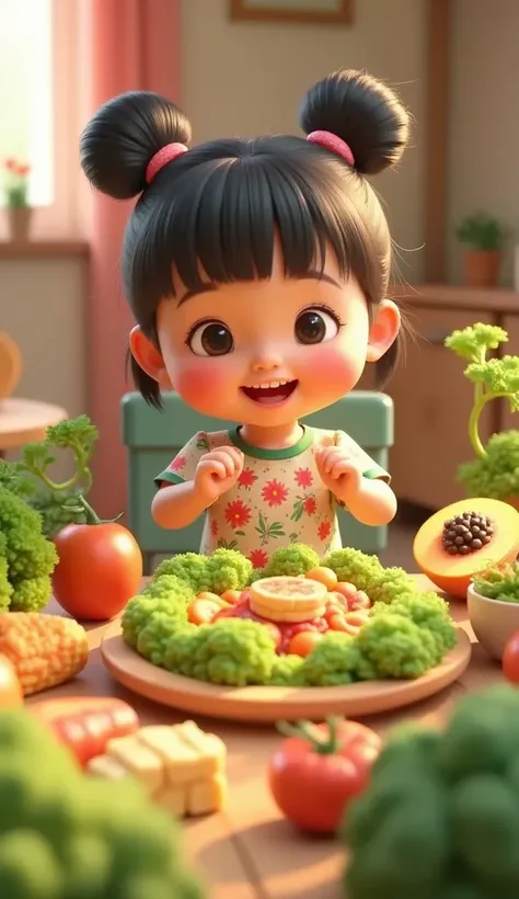 A vibrant table filled with colorful vegetables and fruits: spinach, kale, boiled corn, papaya slices, carrots, and tomatoes. girl and boy happily sitting around the table.