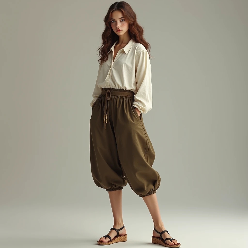 Full body shot of a beautiful girl in her 20s, petite, brown hair, freckles, pale skin. Wearing wedge cork-soled sandals, wide knee-lenght trunkhose breeches, a wide 17th century shirt and a wide-sleeved justacorps. Detailed feet, photorealistic