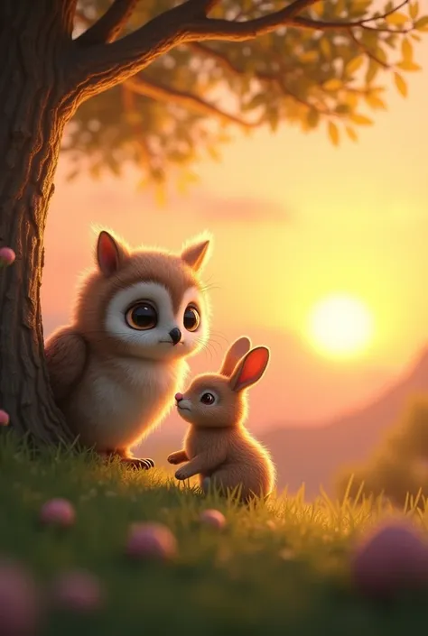 Little owl plays with little rabbit at sunset