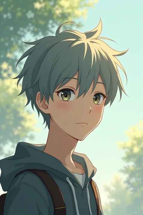 A high school boy with gray hair like Ghibli, gray eyes, and a slight smile