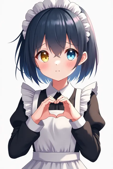 Navy blue short hair,Young girl,Right eye is yellow,Odd Eye with blue left eye, 1 girl, maid outfit , makes a heart with the hand ,