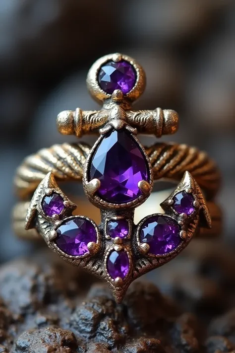 Anchor symbol designed ring made by six Hassanite garnet gems and amethyst stone