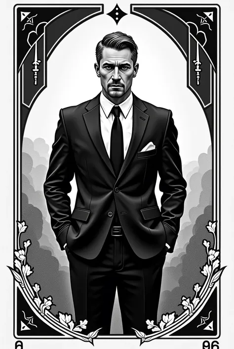 black and white tarot card depicting a businessman 