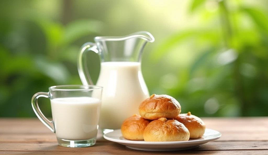 A clear glass pitcher filled with fresh milk sits on a wooden table, accompanied by a transparent glass cup containing milk. Beside them, a white plate holds several golden-brown, flaky rolls. The background features a soft focus of lush green foliage, sug...