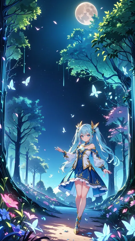 , dynamic angle 、 In the magical forest, Mysterious fairy girl appears, Light blue long hair、 twin tails、Adorable smile、The moonlight shines brightly. Her skirt, Woven with petals and stardust, Rainbow, Flowers and trees々 flapping their wings between shini...