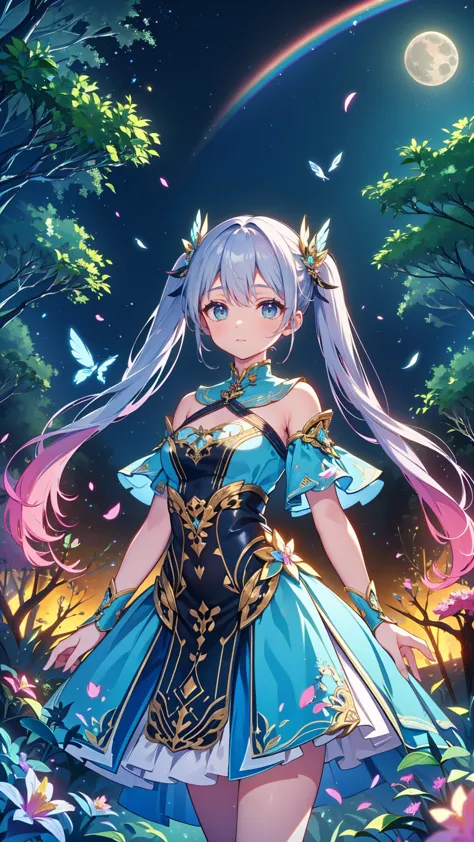 , dynamic angle 、 in the magical forest, mysterious fairy girl appears, light blue long hair、 twin tails、adorable smile、the moon...