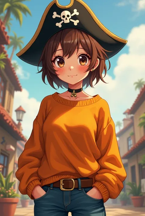 anime,  Donna,  pirate hat , Dolce Vita orange sweater,  robust physique, eyeglasses, freckles ,  short brown hair 