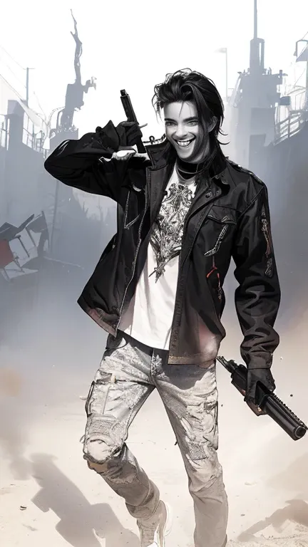 A devil-like guy holding a gun and smiling in a hell-like background 