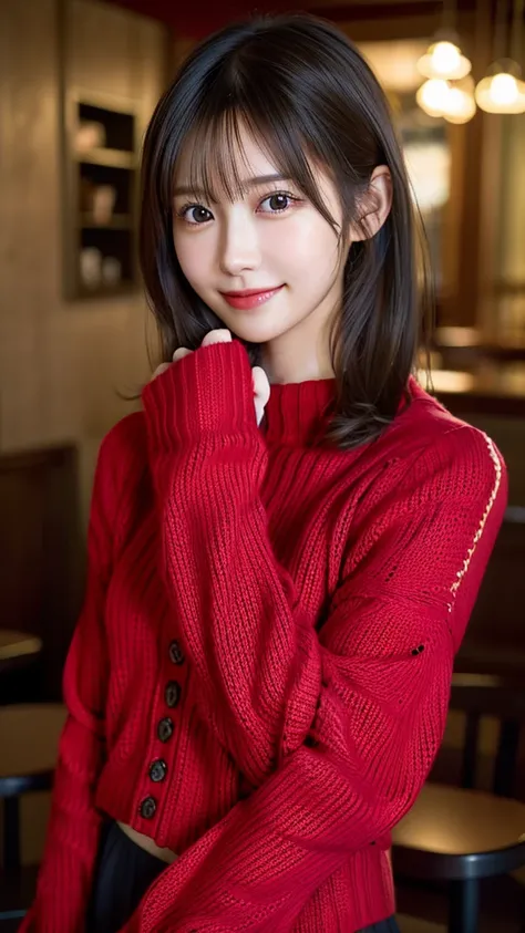 1 Japanese girl,(Colorful red sweater:1.4), (RAW Photos, highest quality), (Realistic, Photorealistic:1.4), Tabletop, Very delicate and beautiful, Very detailed, 8k wallpaper, wonderful, In detail, Very detailedなCG Unity, High resolution, Soft Light, Beaut...