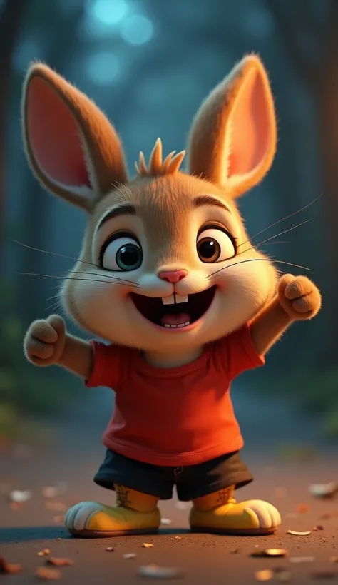   3D animation a cute baby rabbit cub,  medium size brown funcky hair a black shorts and red t-shirt. Yellow boot.   night image,  
   Rabbit smiling innocently and raising his hands in a playful "I didnt do anything wrong" gesture, while the principal loo...