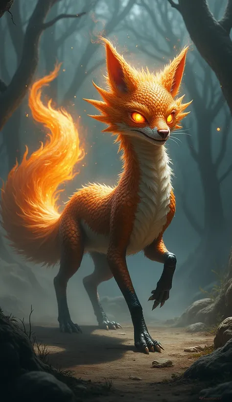 Together, they form a "Serpenix," a hybrid with the body of a snake, the fiery tail of a fox, and glowing eyes, striking fear into its prey.