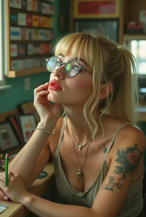 Age 20. Straight long blonde hair, long ponytail  with bangs. Holding a green pencil in her hand. The pencil eraser is touching her  cheek. Deep Thinking. Eyes up left. Full red lips slightly open. tilted head. Body tattoos. 44dd round natural perky breast...