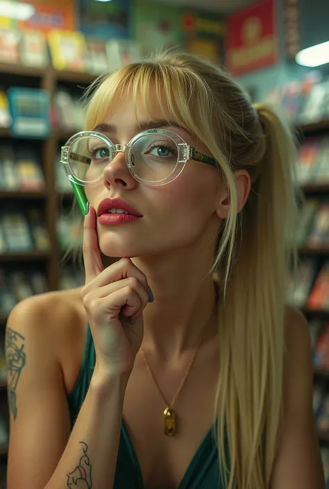 Age 20. Straight long blonde hair, long ponytail  with bangs. Holding a green pencil in her hand. The pencil eraser is touching her  cheek. Deep Thinking. Eyes up left. Full red lips slightly open. tilted head. Body tattoos. 44dd round natural perky breast...