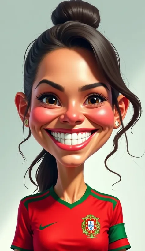  A highly detailed, cinematic-style caricature of the famous soccer player, featuring a large head with exaggerated features, a big smile, and vibrant colors. (customize as needed) Chinematic 8k
georgiana Rodriguez phone call , Portugal jersey 
