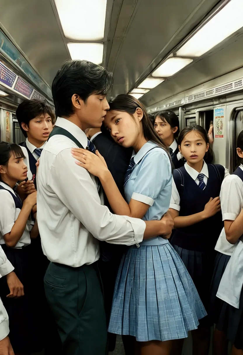 a man forcibly groping a woman standing on a crowded train from behind, young women are holding back, school uniform,school girl...