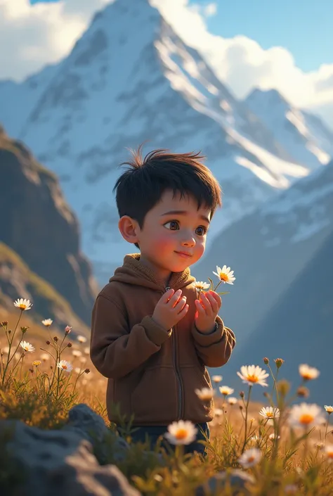 A boy clutching a caress in the Andes 