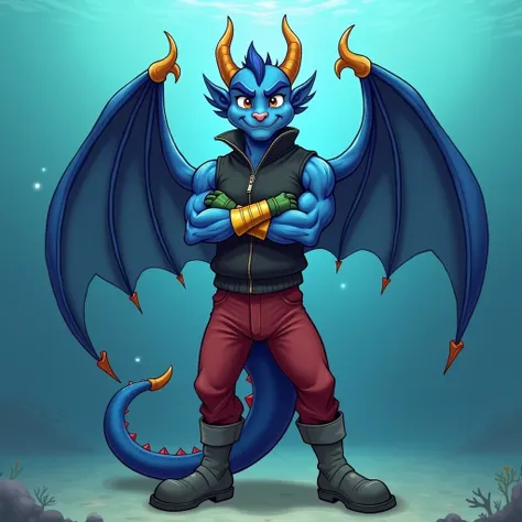  Blue muscular winged dragon furry jock in gold bracelets, in grey boots , in red pants,  in a black sleeveless zipped sweater , wearing green gloves with arms crossed over his chest, he stands underwater in cartoon style