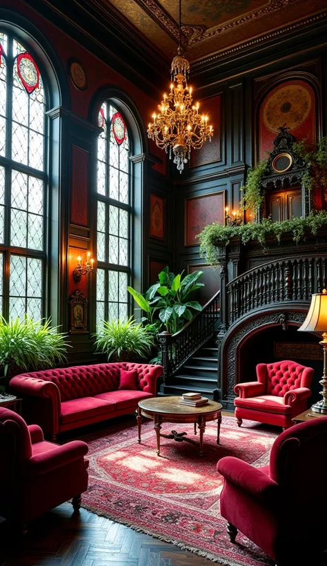 A stunning Victorian Gothic living room, bathed in rich colors and intricate details:
Colors:
Deep reds, greens, and blacks dominate the space, creating a dramatic and luxurious atmosphere.
Architecture:
High ceilings, ornate moldings, and a grand staircas...