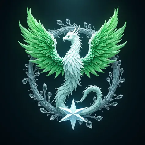 Generate logo name in middle  "ASTERIA FAMILY" and the design is white fire Phoenix, Green Dragon a symbolize of hope and crystalize star, High Resolution, Accurate, Masterpiece, Best Quality, the background crystal ice, 