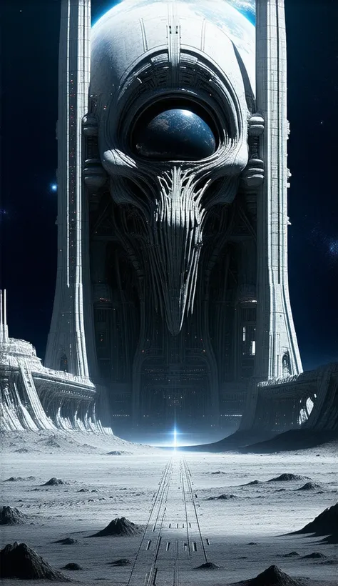 moon base in the style of hr giger aesthetics. the architecture is intricate and grotesque with huge hr gigers alien head and other similar grotesque design. earth can be seen in the sky.