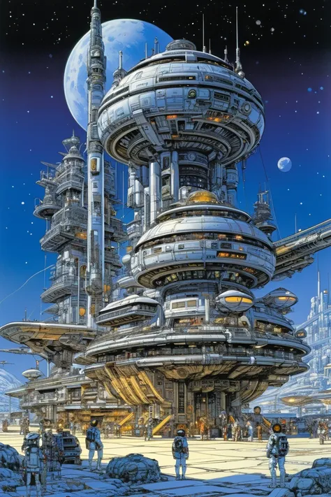 Moon Base, science fiction, by Masamune Shirow, Takeshi Obata.
best quality, masterpiece, intricate details, ultra-detailed