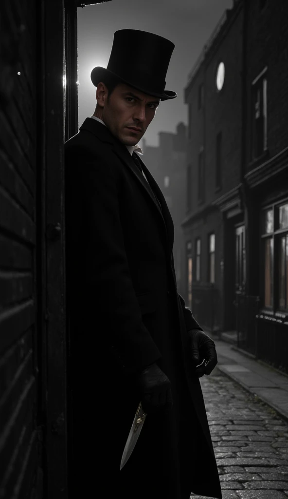 image black-white a Victorian man in an overcoat and top hat holding a dagger staring through the crack of a door in a dark London alley in 1988, a dark, nightly environment