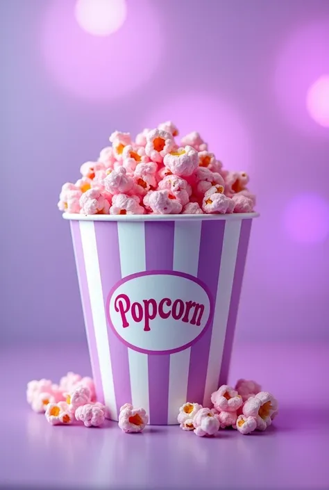 

"A close-up view of a retro-style popcorn bucket filled with fluffy purple-tinted popcorn. The bucket features vertical pastel purple and white stripes with a vintage Popcorn logo in the center. The popcorn appears vibrant and slightly glossy, adding a p...