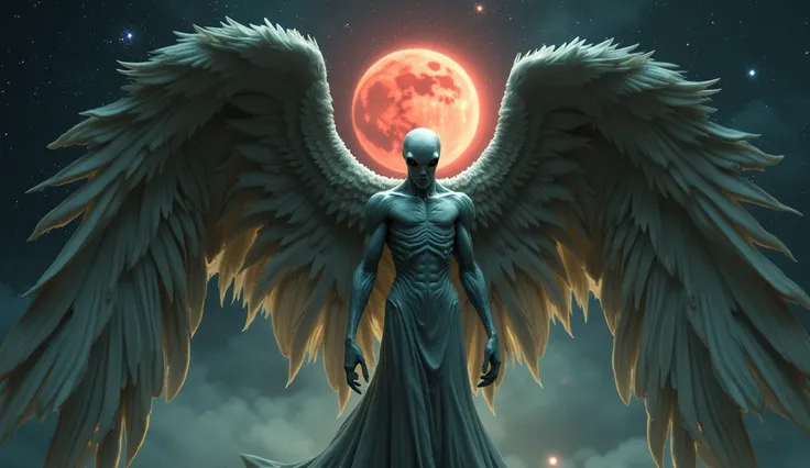 "A terrifying and imposing alien angel with enigmatic and ethereal features, pale skin and long, majestic wings spread out, in a dark cosmic setting with bright stars and a red planet in the background. Dramatic lighting, otherworldly atmosphere."