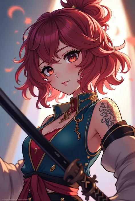  Genshin Impact style panel   , Big curly hair with the color Marsala  , Her hair has the same hairstyle as Yae Miko  ,  pentiated characteristic of the game  ,  of the element electro  ,  sword-bearing  , Big hair , colorful and beautiful clothes .
 She h...